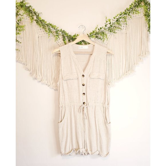 Kalihi Neutral Linen Button Front Romper-Medium-Ivory. - Picture 5 of 11